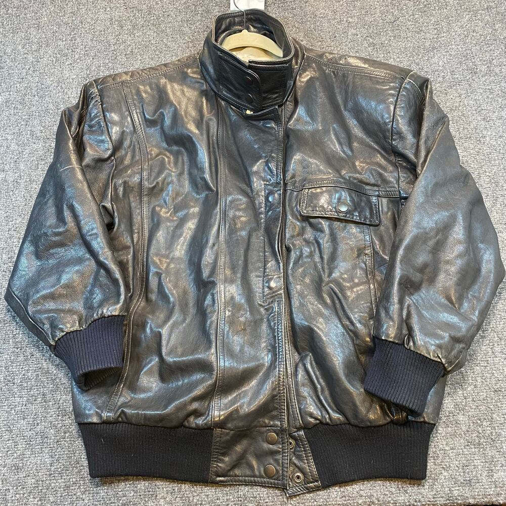 Vintage 80s Split End Mens Large Black Leather Flight Bomber Biker Moto Jacket